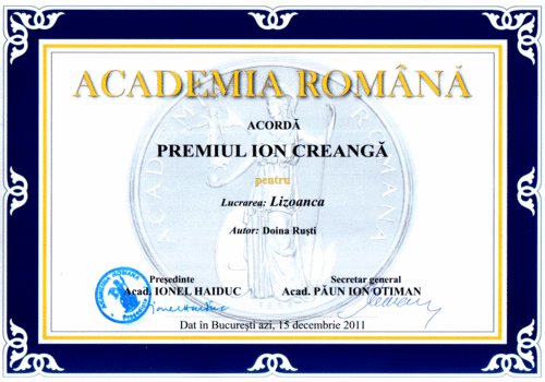 Premiul Academiei Române pentru romanul Lizoanca la 11 ani - Doina Ruști