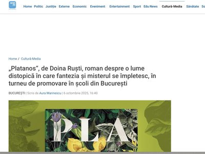 News.ro – “Platanos, by Doina Ruști, a novel about a dystopian world where fantasy and mystery intertwine”