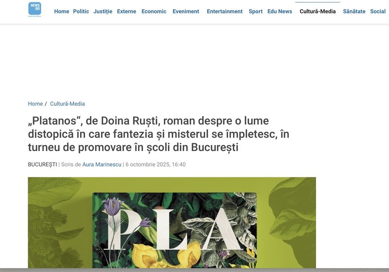 News.ro – “Platanos, by Doina Ruști, a novel about a dystopian world where fantasy and mystery intertwine” - Doina Ruști
